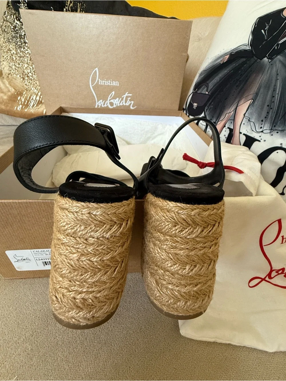 Christian Louboutin Calakala Black Suede Espadrille Wedge Sandals size 37
